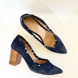 Anthropologie Navy Suede Braided Ribbon Trim Pointed Toe Pumps Wood Stacked Heel